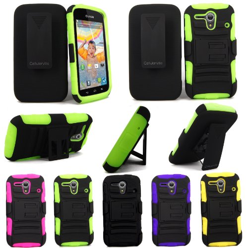 For Kyocera Hydro Edge C5215 CellularvillaTM Black/Green 3PC 3-in-1 Hard and Soft Kickstand Case with Holster Belt Clip. (Black/Green)