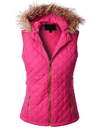 RubyK Womens Basic Padded Puffer Quilted Jacket Vest with Hoodie,Medium,RBKWV1945_FUCHSIA