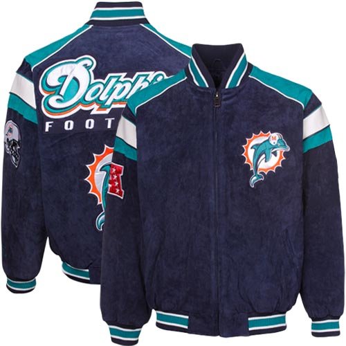 Miami Dolphins Navy Blue Split Varsity Suede Full Zip Jacket (Large)