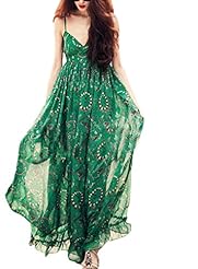 V-neck Spaghetti Strap Chiffon Bandeau Neck Floral Print Pleated  Dress