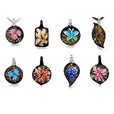 Bundle Monster Colorful Assorted Glass Murano Floral Pendant Necklace 8pc Set, 18" Cord