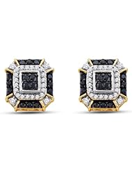 10K Yellow and White Two 2 Tone Gold Round Brilliant Cut Black and White Diamond - Square Princess Shape Channel Set Studs Earrings - (.48 cttw.)