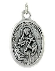 Sterling Silver Saint Catherine of Siena Medal Pendant 1 X 5/8 inch (24 mm X 16 mm).