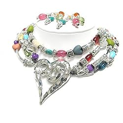 Multi Stone Glass Ball Metal Casting Heart Pendant Necklace Earring Set