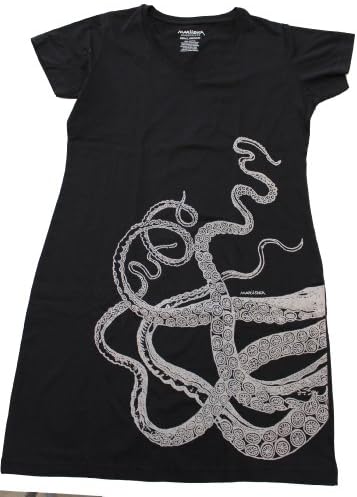 Beach Themed Cotton V-Neck Dress/Sleepshirt/Cover-Up (S/M, Octopus Natural on Black)