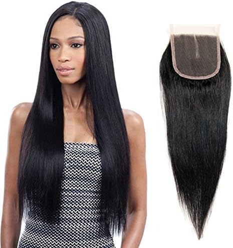 ALOT Hair 100% Human Hair Extensions Straight 3 Bundles Unprocessed Hair with Middle Part Lace Closure Mixed Length (18 18 18 + 14)