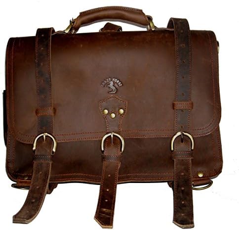 Leather Luxury 16" Handmade Dark Brown Rugged Buffalo Leather Briefcase, Messenger Bag, Satchel, Backpack