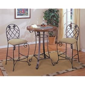 3pc Cherry and Brushed Gold Finish Metal Bar Table 2 Stool Set by visiondecor Furniture