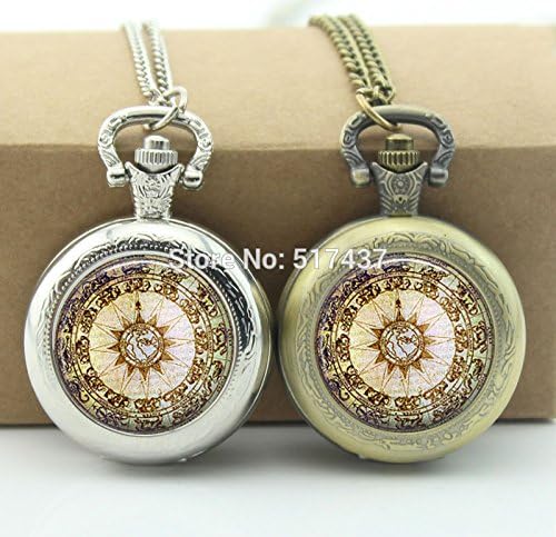 Pretty Lee Brown Compass Pocket Watch Glass Cabochon Locket Necklace Pocket Watch Necklace