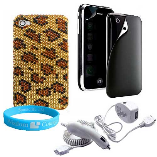 iPhone 4 Diamond Crystal * Sparkling* Snap on Cover + Car Charger + Wall Charger + Privacy 2 Piece Screen Protector + Wisdom * Courage Wristband