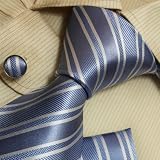 Powder Blue Striped Designer Mens Ties White Wedding Gifts Mens Accessories Silk Necktie Cuff Links Hanky Set H5050