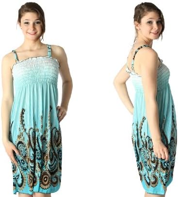 Skelapparel Turquoise Beach Paisley Smocked Tube Dress with Straps (L)