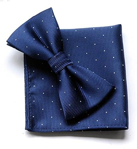 DGXH Men's Little Polka Dot Suit Folding Self Bow Tie Pocket Square Set(Blue)