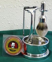 Merkur 4pc. Double Track Razor Shave Set with Polished Chrome Bowl, Stand, Badger Brush & Shaving Soap- #651- Made in Germany