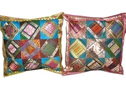 Decorative Cushion-2 Dark Chocolate Sari Blue Zari Borders Toss Pillow Cushion Covers Free Shipping