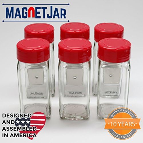 MagnetJar Spice Jar - Powerful Magnet / Sifter Flip Cap / 6 Pack (4oz - Medium, Red)