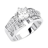 14K White Gold Solitaire Round CZ Cubic Zirconia High Polish Finish Ladies Wedding Engagement Ring Band with Round & Princess Side Stone