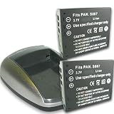 PANASONIC CGA-S007 CGA-S007A / 1B Equivalent Charger & Battery 2-Pack Combo for OEM DE-A25 & Lumix DMC-TZ4 / TZ5 & Many More