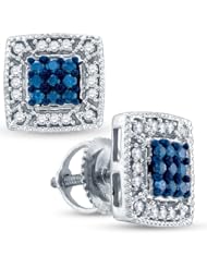 10K White Gold Round Brilliant Cut Blue and White Diamond - Square Princess Shape Halo Channel Set Studs Earrings with Secure Screw Back Closure - (.36 cttw.)