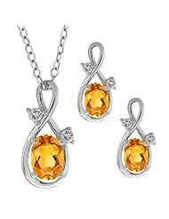 1.48 Ct Oval Yellow Citrine Gemstone 18k White Gold Pendant Earrings Set