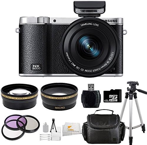 Samsung NX3000 Wireless Smart 20.3MP Compact System Camera with 16-50mm OIS Power Zoom Lens and Flash (Black) + 32GB Bundle 13 PC Accessory Kit.