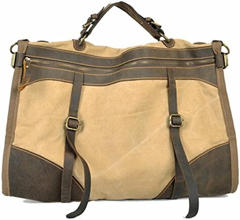QiangQiang Unisex Vintage 18" Leather Canvas Crossbody Bag Khaki