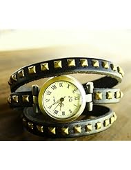 Black Roman Numerals Rivet Bracelet Watch Leather Cuff Bangle Watch for Women