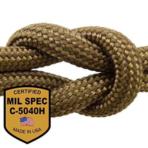 MilSpec Coyote Brown 110 ft. 11-Strand Hank Paracord. Guaranteed MIL-C-5040H Compliant, Military Survival 750 Parachute Cord, Type IV. Made in U.S. 100% Nylon, 750 Lb. Break Strength, Free eBook.