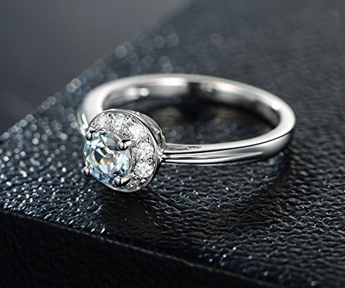 Solid 18K white gold promise ring,0.15ct SI-H Diamond Engagement ring,5mm Round 0.55ct Natural VVS blue Aquamarine,pave set