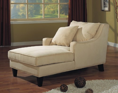 item Plush microfiber fabric upholstered chaise lounger with espresso finish wood trim legs