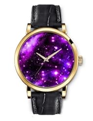 SPRAWL Aanalog Fashion Series Gold Ladies Watches of Genuine Black Leather Strap,Unique Wrist Watch for Women Girls Designed with violet galaxy