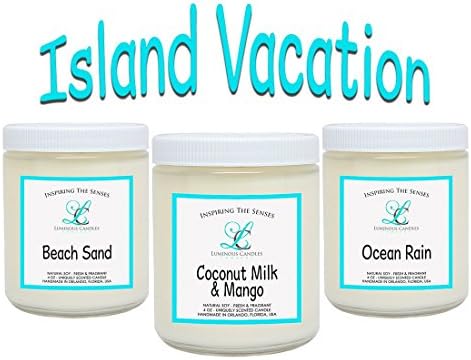 Scented Candles - Island Vacation - Set Includes,Beach Sand, Coconut Milk &amp; Mango, Ocean Rain - 3 x 4 oz Natural Soy Beach Candles