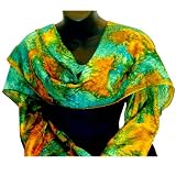 ArtisanStreet's China Silk Hand Painted Wrap. Stole Features the Colors of Golden Maize, Jade Green & Celadon Green with Hand Rolled Hem. One of a Kind. Signed By Artisan.