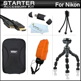 Starter Accessories Kit For The Nikon COOLPIX AW100 Waterproof Digital Camera Includes Deluxe Carrying Case + 7 Flexible Tripod + Mini HDMI Cable + USB High Speed 2.0 SD Card Reader + FLOAT STRAP + Mini TableTop Tripod + MicroFiber Cleaning Cloth