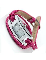 Fashion Womens Quartz Square Dial Weave Wrap Fuax Leather Bracelet Watch Rose Red
