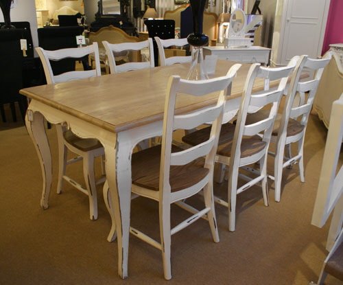 French Oak Dining Table Set (1 Table 6 Chairs)....Stone Grey & Natural Oak French Style