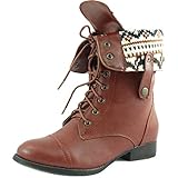 Women's Lace up Ankle Fold Over 2-Way Round Toe Mid Calf Military Combat Boots Stylish Fashion Shoes, 7