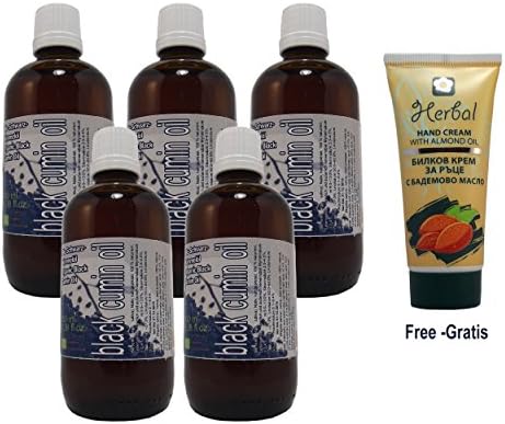 Set of Five (5) Black Cumin Seed Essential Oil 100% Pure, Total 16.90 Oz , 3.38 Oz Each Glass Bottle. Cold Pressed , Extra Virgin , Undiluted , Quality Guaranteed., All Process Organic Certified, Premium Quality, Food and Cosmetic Grade A+ (Black Seed Oil Pure Certified), Origin Egypt, Bottled and Tested in Austria, Shipped From Spain, Free Gift with Your Order