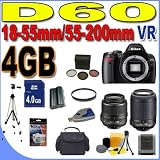 Nikon D60 10.2MP Digital SLR Camera with Nikon 18-55mm f/3.5-5.6G VR AF-S DX Zoom-Nikkor Lens and 55-200mm f/4-5.6G ED AF-S DX Zoom-Nikkor Lens BigVALUEInc Accessory Saver 4GB Battery/Rapid Charger Filter Kit Bundle + MORE
