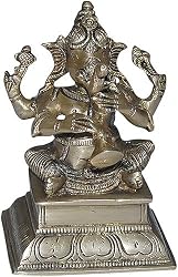 Sitting Ganesha Brass Statue Playing Shehnai 4 x 3 x 5.5 inches