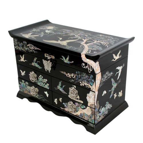 Mother of Pearl Asian Lacquer Wooden Jewelry Trinket Keepsake Treasure Gift Drawer Box with Pine Tree Design and Mulberry Paper