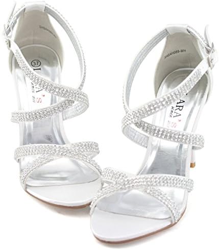 SHOEZY Women's Satin Sandals High Heels Rhinestones Dress Ankle Strap Shoes White US 9.5