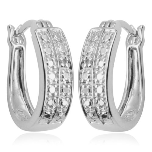 Platinum Plated Sterling Silver Genuine Diamond Accent Medium Hoop Earrings