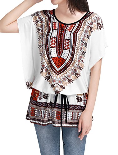 uxcell® M Beige Batwing Sleeve Detachable Belt Round Neck Women Tunic Top