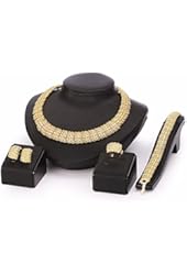 Moochi 18K Gold Plated Shinning Wide Necklace Crystal Jewelry Sets Necklace Earrings Bracelet Ring