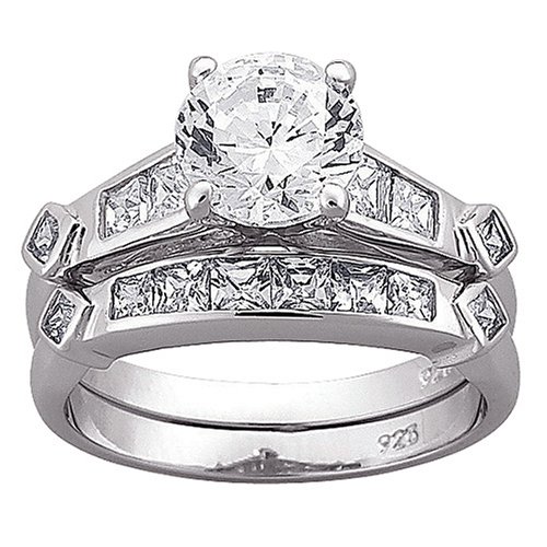Sterling Silver Wedding Band and Engagement Ring 2-pc. CZ Set