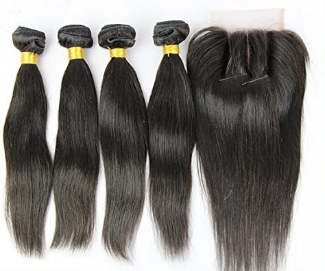 Junhair 3 Way Part 1Pc 4x4 lace closure with Virgin Brazilian Remy Human Hair 3 Bundles Wefts Mixed Length 4Pcs Lot Natural Straight Natural Color Can be Dyed