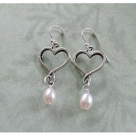 Sterling Silver Heart with Pearl Drop Earrings
