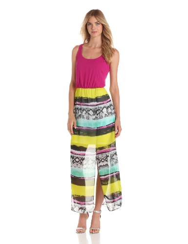 AGB Women's Racer Back Print Maxi Dress, Fuchsia, 14