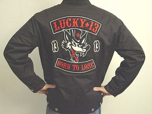 Childrens Toyshop  Sporting Goods : Lucky 13 Born to Lose Big Bad Wolf Tattoo Black Lined Chino Jacket - Bad Boy Biker, Car Club, Punk Chino Jacket - Fully Lined